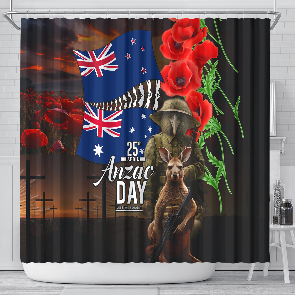 New Zealand and Australia ANZAC Day Shower Curtain National Flag mix Kiwi Bird and Kangaroo Soldier Style LT03 - Polynesian Pride