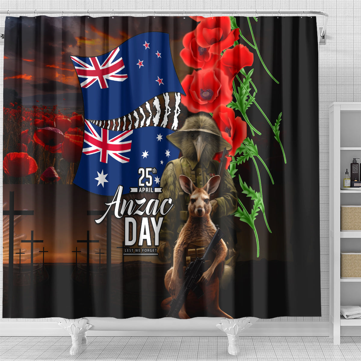 New Zealand and Australia ANZAC Day Shower Curtain National Flag mix Kiwi Bird and Kangaroo Soldier Style LT03 - Polynesian Pride