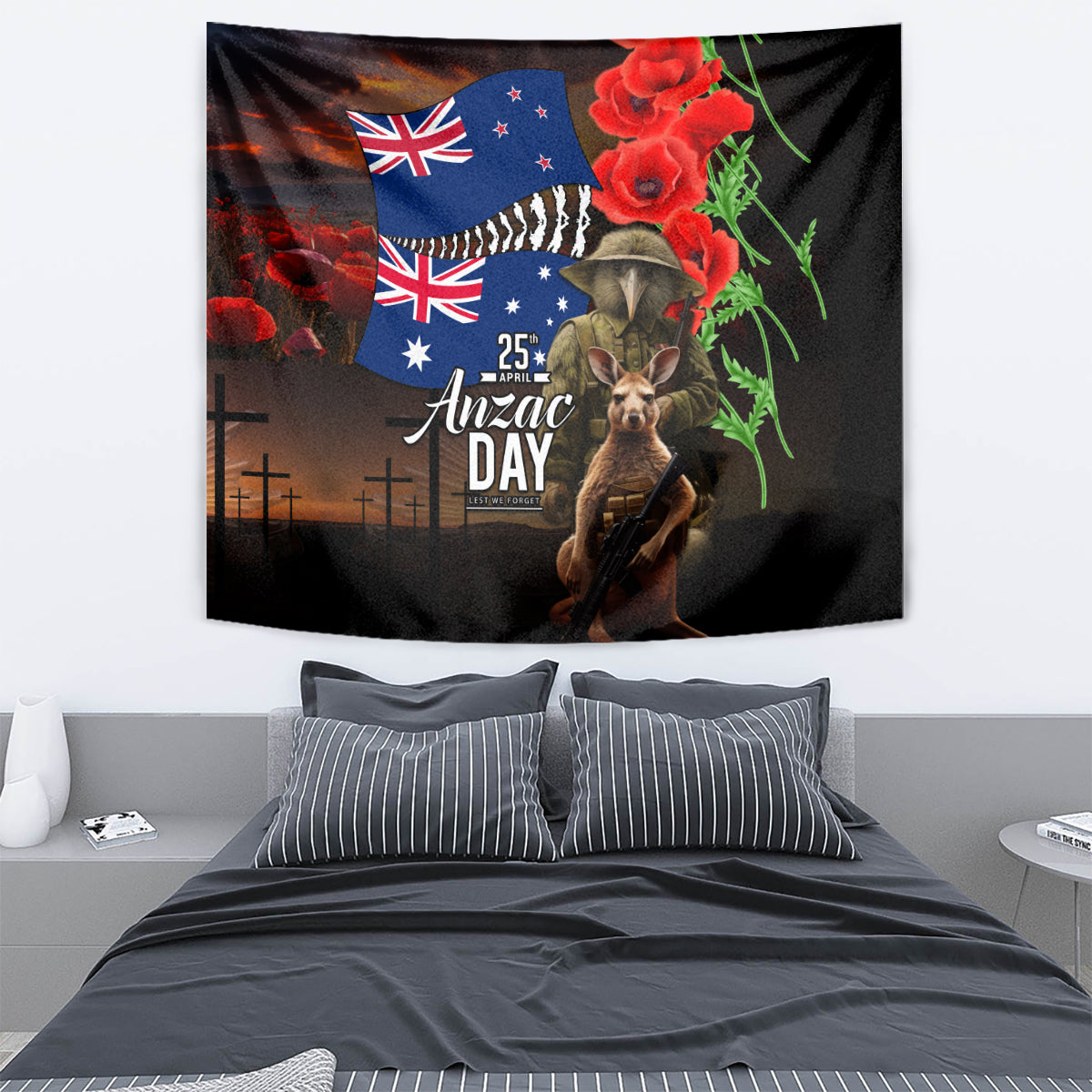 New Zealand and Australia ANZAC Day Tapestry National Flag mix Kiwi Bird and Kangaroo Soldier Style LT03 - Polynesian Pride