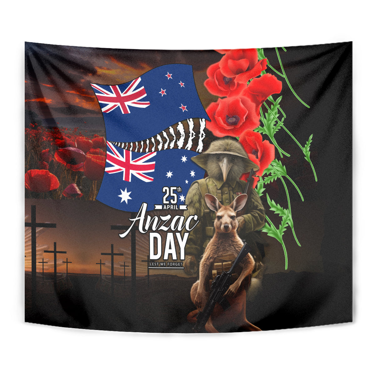 New Zealand and Australia ANZAC Day Tapestry National Flag mix Kiwi Bird and Kangaroo Soldier Style LT03 - Polynesian Pride
