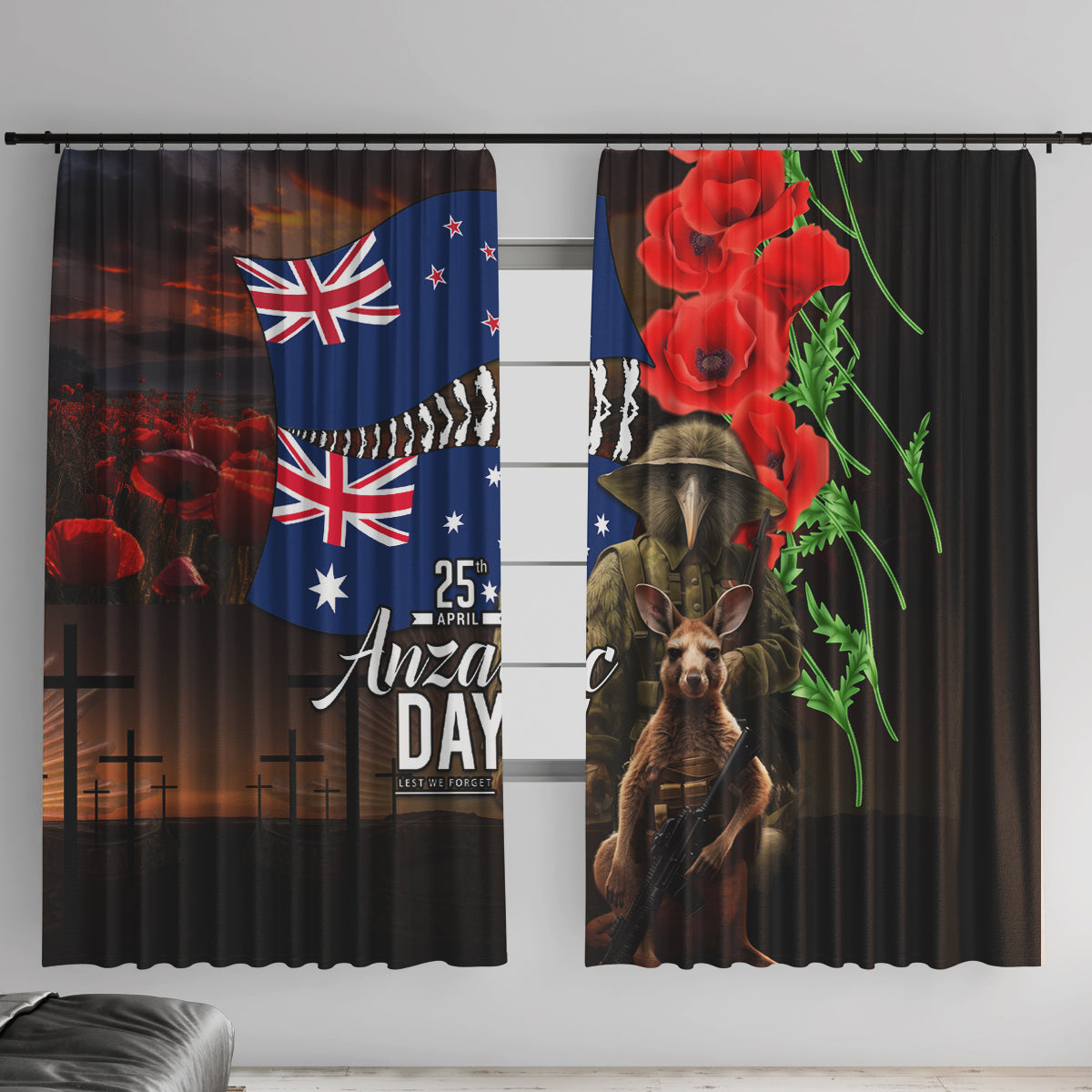 New Zealand and Australia ANZAC Day Window Curtain National Flag mix Kiwi Bird and Kangaroo Soldier Style LT03 With Hooks Black - Polynesian Pride