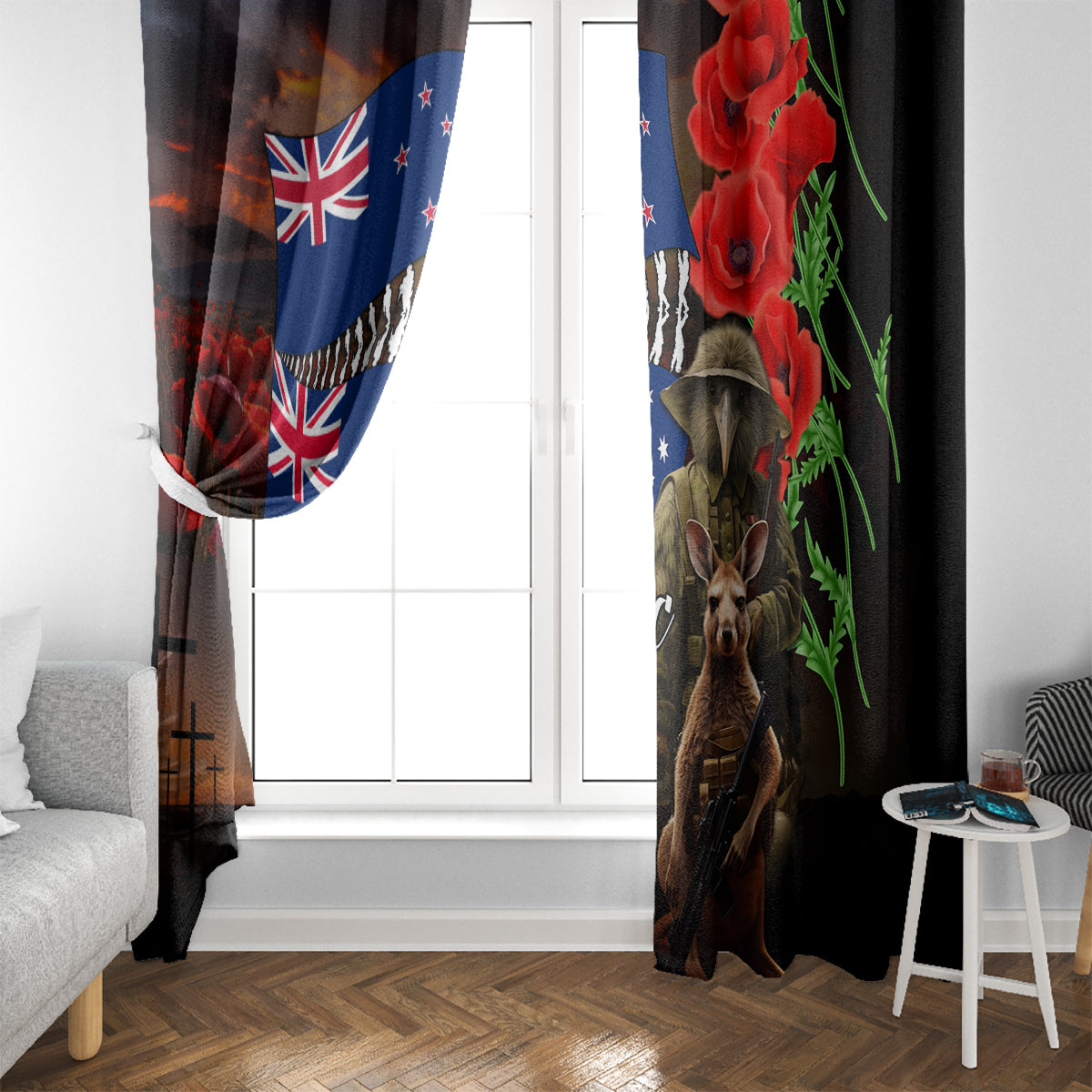 New Zealand and Australia ANZAC Day Window Curtain National Flag mix Kiwi Bird and Kangaroo Soldier Style LT03 - Polynesian Pride