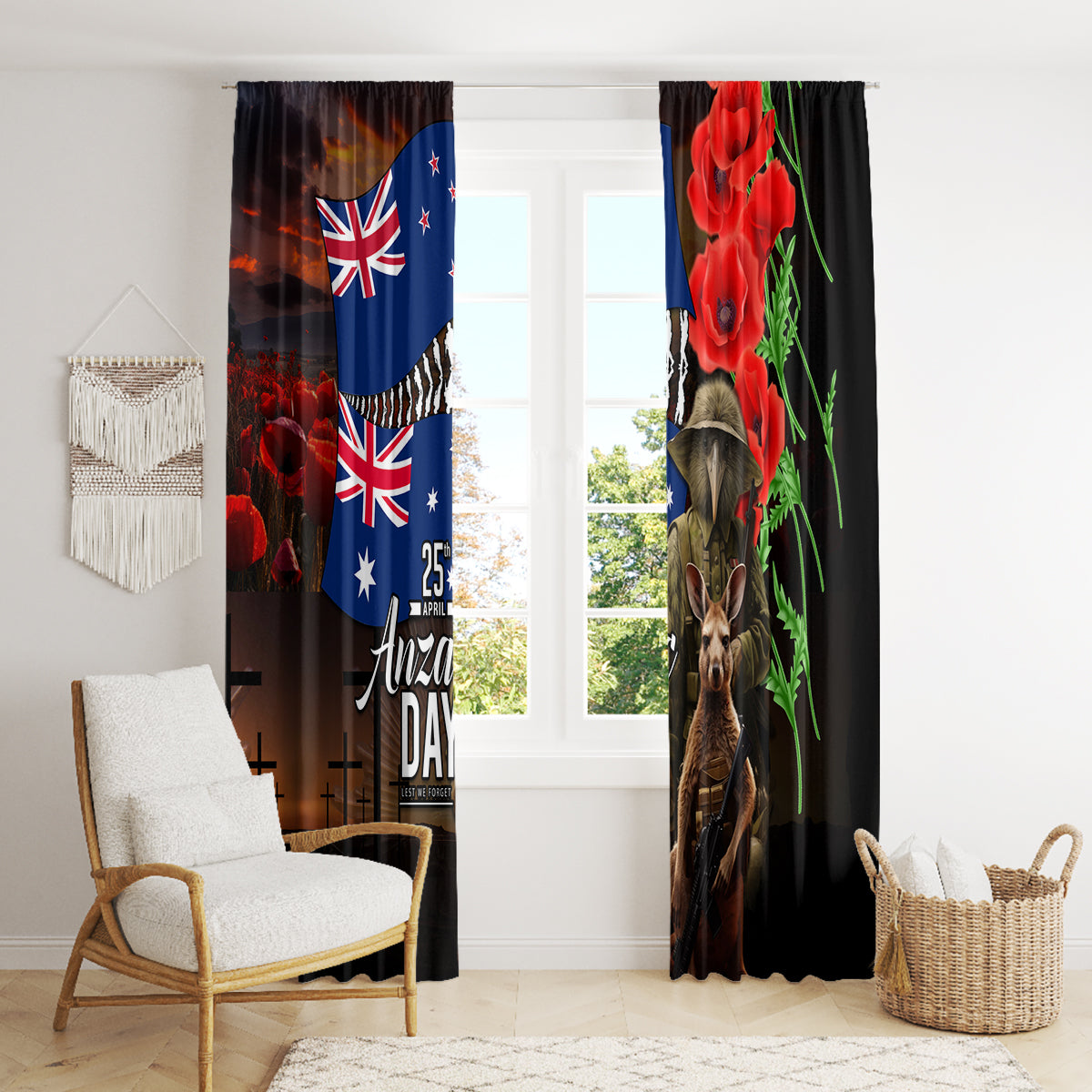 New Zealand and Australia ANZAC Day Window Curtain National Flag mix Kiwi Bird and Kangaroo Soldier Style LT03 - Polynesian Pride