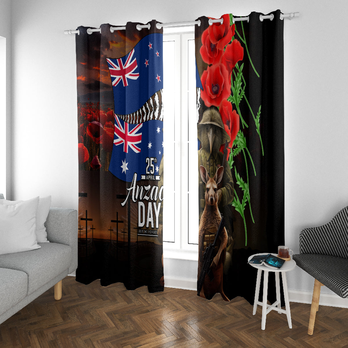 New Zealand and Australia ANZAC Day Window Curtain National Flag mix Kiwi Bird and Kangaroo Soldier Style LT03 With Grommets Black - Polynesian Pride