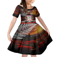New Zealand ANZAC Day Family Matching Off Shoulder Maxi Dress and Hawaiian Shirt The Ode of Remembrance and Silver Fern LT03 Daughter's Dress Black - Polynesian Pride