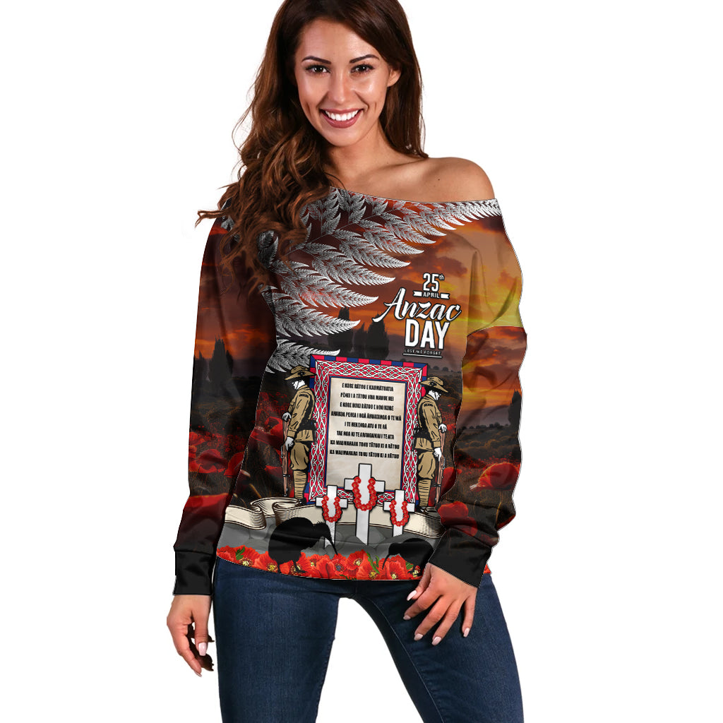 New Zealand ANZAC Day Off Shoulder Sweater The Ode of Remembrance and Silver Fern LT03 Women Black - Polynesian Pride