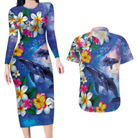 Hawaiian Lei Day Plumeria Humpback Whales Couples Matching Long Sleeve Bodycon Dress and Hawaiian Shirt Polynesian Art Vibrant Starry Nebula Style LT03 Art - Polynesian Pride
