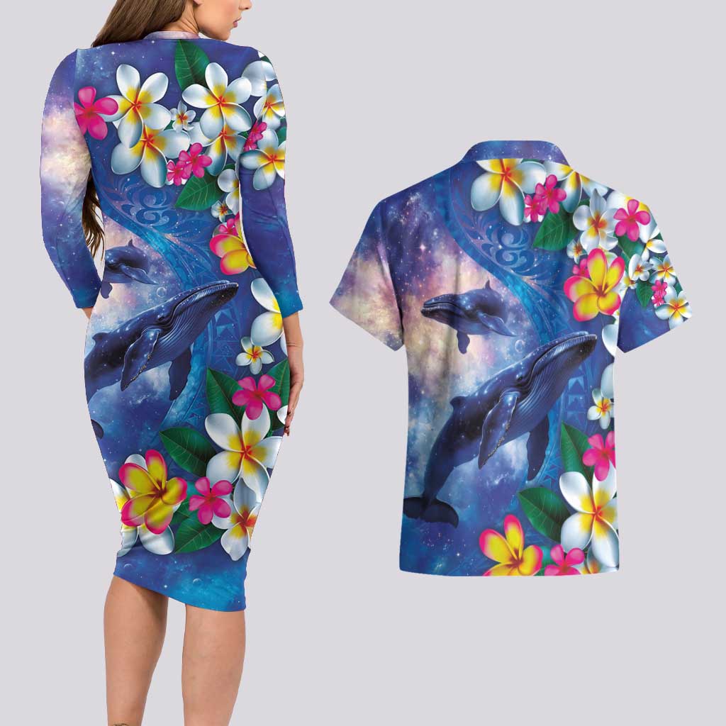 Hawaiian Lei Day Plumeria Humpback Whales Couples Matching Long Sleeve Bodycon Dress and Hawaiian Shirt Polynesian Art Vibrant Starry Nebula Style LT03 - Polynesian Pride