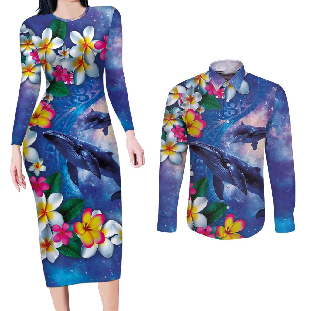 Hawaiian Lei Day Plumeria Humpback Whales Couples Matching Long Sleeve Bodycon Dress and Long Sleeve Button Shirt Polynesian Art Vibrant Starry Nebula Style LT03 Art - Polynesian Pride