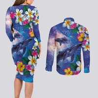 Hawaiian Lei Day Plumeria Humpback Whales Couples Matching Long Sleeve Bodycon Dress and Long Sleeve Button Shirt Polynesian Art Vibrant Starry Nebula Style LT03 - Polynesian Pride