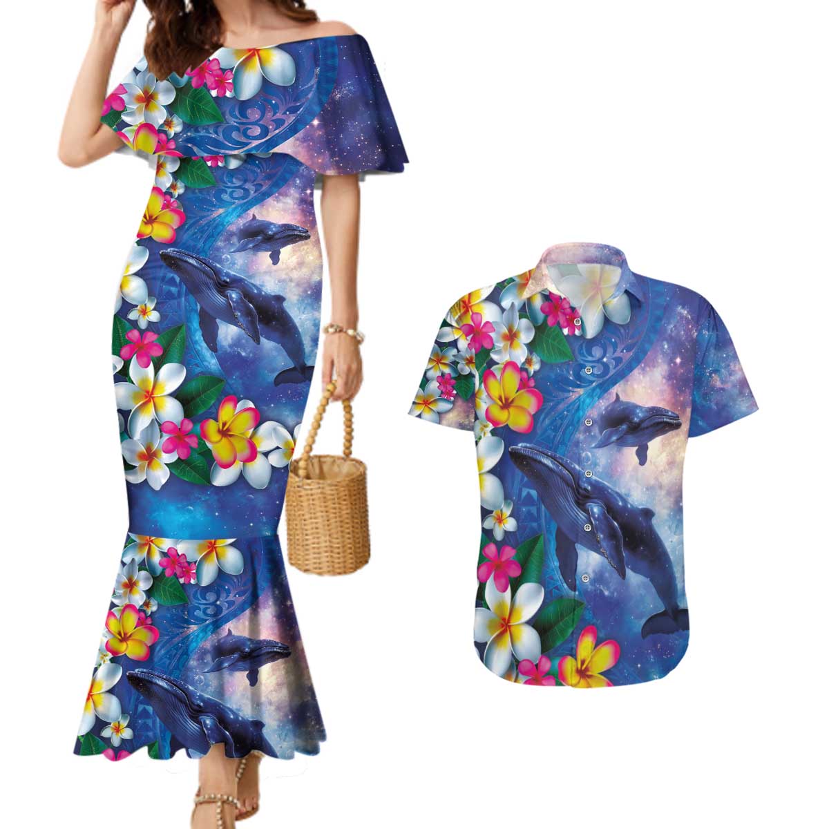 Hawaiian Lei Day Plumeria Humpback Whales Couples Matching Mermaid Dress and Hawaiian Shirt Polynesian Art Vibrant Starry Nebula Style