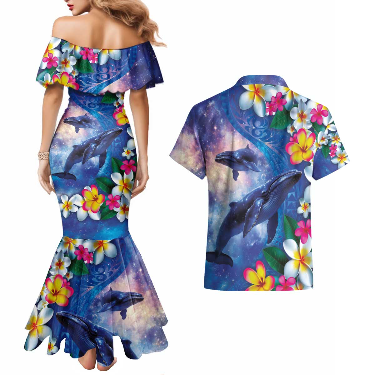 Hawaiian Lei Day Plumeria Humpback Whales Couples Matching Mermaid Dress and Hawaiian Shirt Polynesian Art Vibrant Starry Nebula Style LT03 - Polynesian Pride