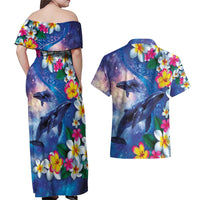 Hawaiian Lei Day Plumeria Humpback Whales Couples Matching Off Shoulder Maxi Dress and Hawaiian Shirt Polynesian Art Vibrant Starry Nebula Style LT03 - Polynesian Pride