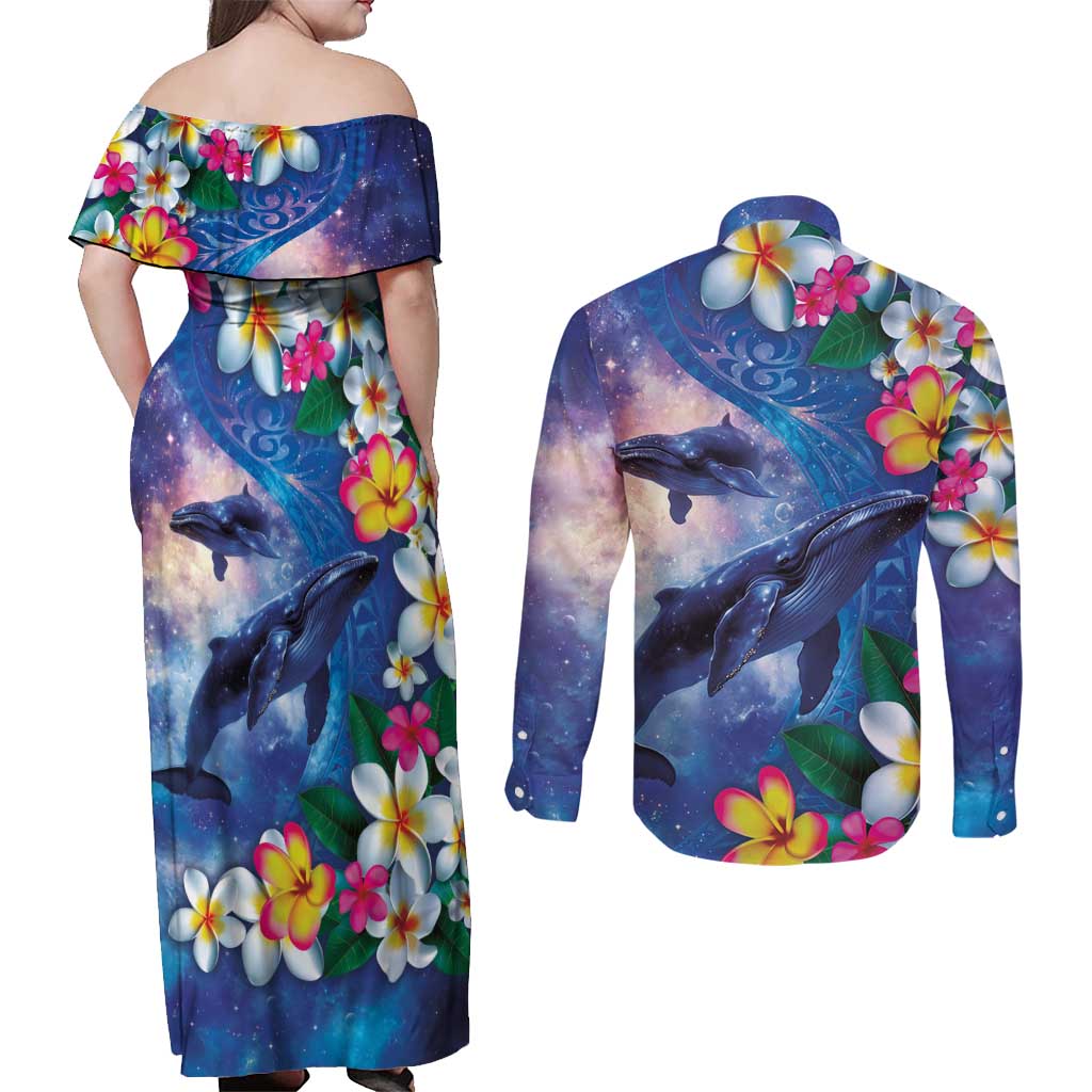 Hawaiian Lei Day Plumeria Humpback Whales Couples Matching Off Shoulder Maxi Dress and Long Sleeve Button Shirt Polynesian Art Vibrant Starry Nebula Style LT03 - Polynesian Pride