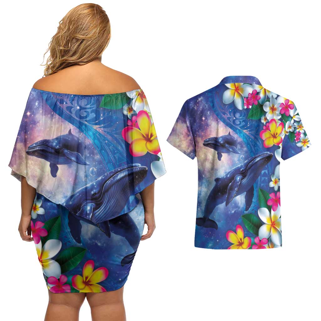 Hawaiian Lei Day Plumeria Humpback Whales Couples Matching Off Shoulder Short Dress and Hawaiian Shirt Polynesian Art Vibrant Starry Nebula Style LT03 - Polynesian Pride