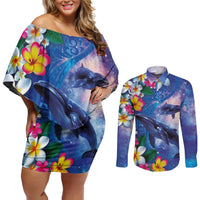 Hawaiian Lei Day Plumeria Humpback Whales Couples Matching Off Shoulder Short Dress and Long Sleeve Button Shirt Polynesian Art Vibrant Starry Nebula Style LT03 Art - Polynesian Pride