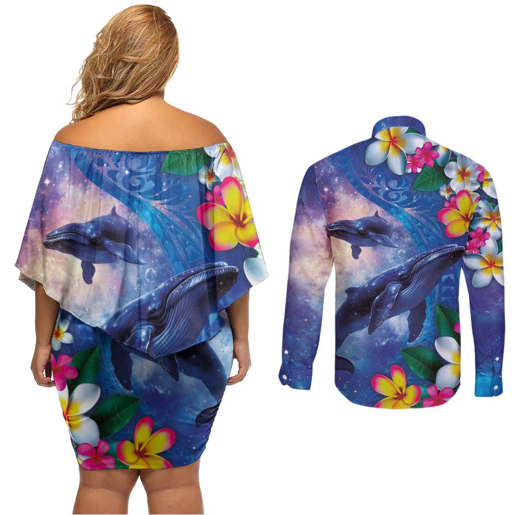 Hawaiian Lei Day Plumeria Humpback Whales Couples Matching Off Shoulder Short Dress and Long Sleeve Button Shirt Polynesian Art Vibrant Starry Nebula Style LT03 - Polynesian Pride