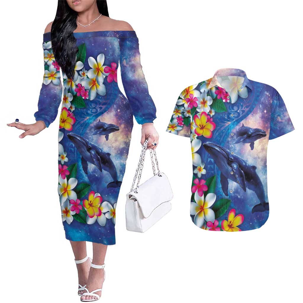 Hawaiian Lei Day Plumeria Humpback Whales Couples Matching Off The Shoulder Long Sleeve Dress and Hawaiian Shirt Polynesian Art Vibrant Starry Nebula Style LT03 Art - Polynesian Pride
