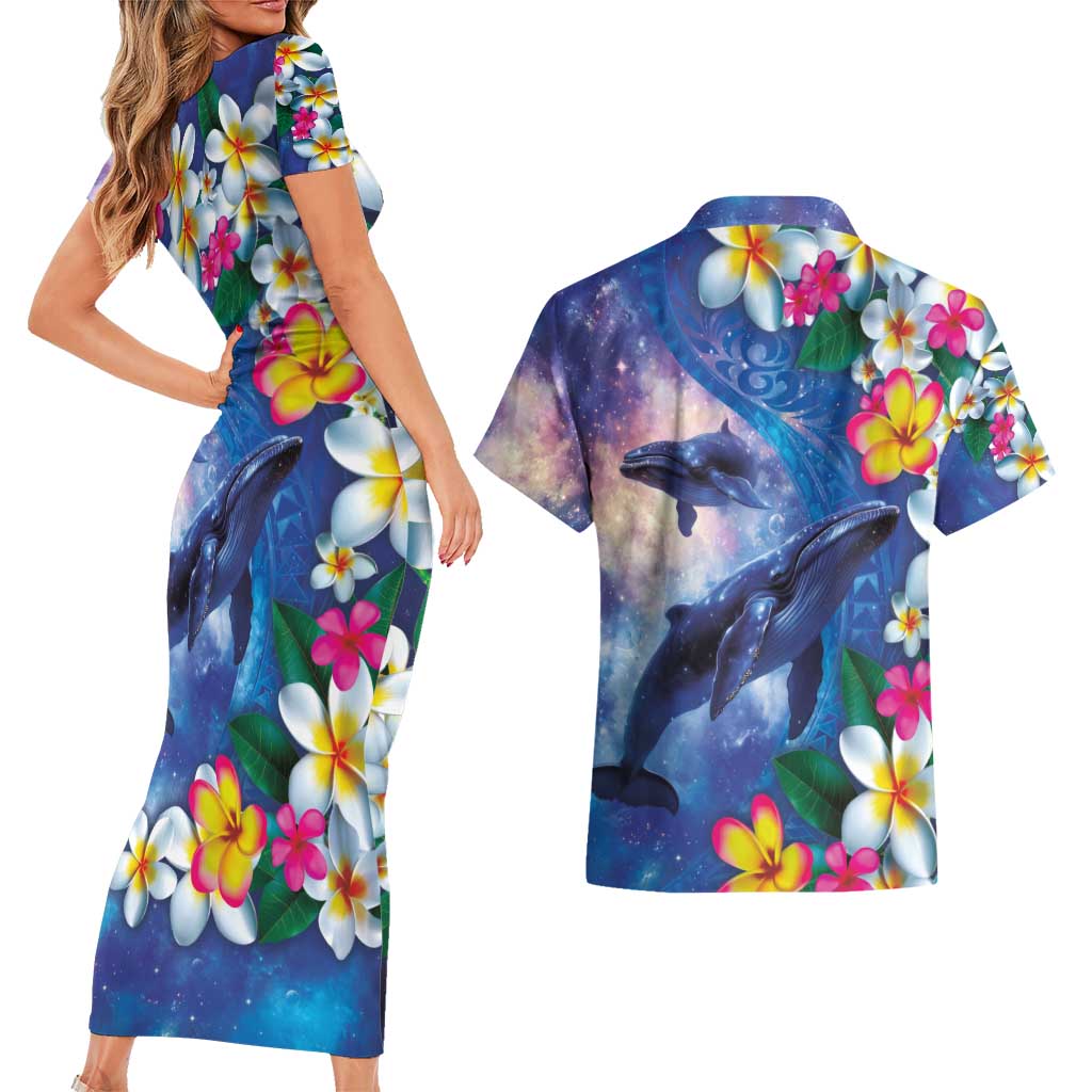 Hawaiian Lei Day Plumeria Humpback Whales Couples Matching Short Sleeve Bodycon Dress and Hawaiian Shirt Polynesian Art Vibrant Starry Nebula Style LT03 - Polynesian Pride