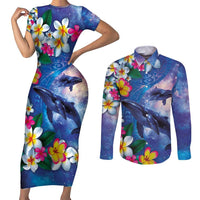 Hawaiian Lei Day Plumeria Humpback Whales Couples Matching Short Sleeve Bodycon Dress and Long Sleeve Button Shirt Polynesian Art Vibrant Starry Nebula Style LT03 Art - Polynesian Pride