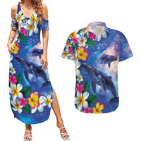 Hawaiian Lei Day Plumeria Humpback Whales Couples Matching Summer Maxi Dress and Hawaiian Shirt Polynesian Art Vibrant Starry Nebula Style LT03 Art - Polynesian Pride