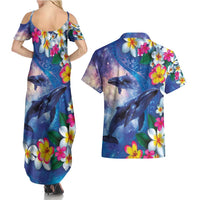 Hawaiian Lei Day Plumeria Humpback Whales Couples Matching Summer Maxi Dress and Hawaiian Shirt Polynesian Art Vibrant Starry Nebula Style LT03 - Polynesian Pride