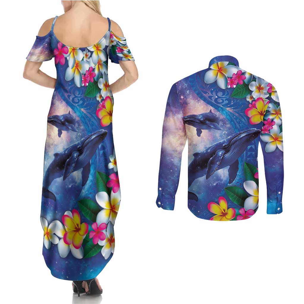 Hawaiian Lei Day Plumeria Humpback Whales Couples Matching Summer Maxi Dress and Long Sleeve Button Shirt Polynesian Art Vibrant Starry Nebula Style LT03 - Polynesian Pride