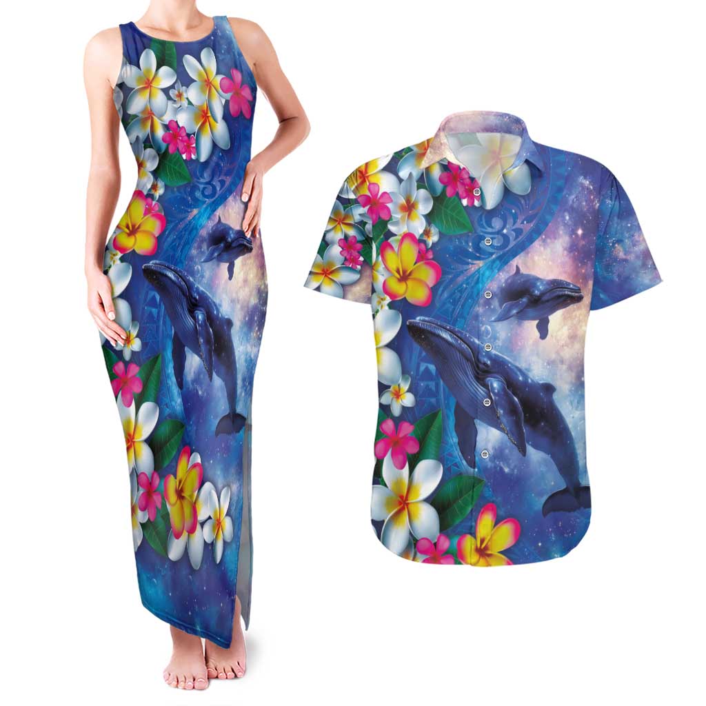 Hawaiian Lei Day Plumeria Humpback Whales Couples Matching Tank Maxi Dress and Hawaiian Shirt Polynesian Art Vibrant Starry Nebula Style LT03 Art - Polynesian Pride