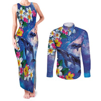 Hawaiian Lei Day Plumeria Humpback Whales Couples Matching Tank Maxi Dress and Long Sleeve Button Shirt Polynesian Art Vibrant Starry Nebula Style LT03 Art - Polynesian Pride