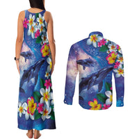 Hawaiian Lei Day Plumeria Humpback Whales Couples Matching Tank Maxi Dress and Long Sleeve Button Shirt Polynesian Art Vibrant Starry Nebula Style LT03 - Polynesian Pride