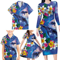 Hawaiian Lei Day Plumeria Humpback Whales Family Matching Long Sleeve Bodycon Dress and Hawaiian Shirt Polynesian Art Vibrant Starry Nebula Style LT03 - Polynesian Pride