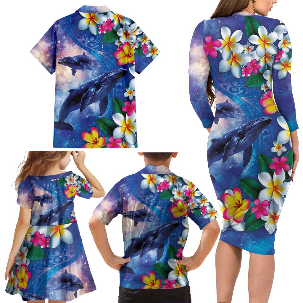 Hawaiian Lei Day Plumeria Humpback Whales Family Matching Long Sleeve Bodycon Dress and Hawaiian Shirt Polynesian Art Vibrant Starry Nebula Style LT03 - Polynesian Pride