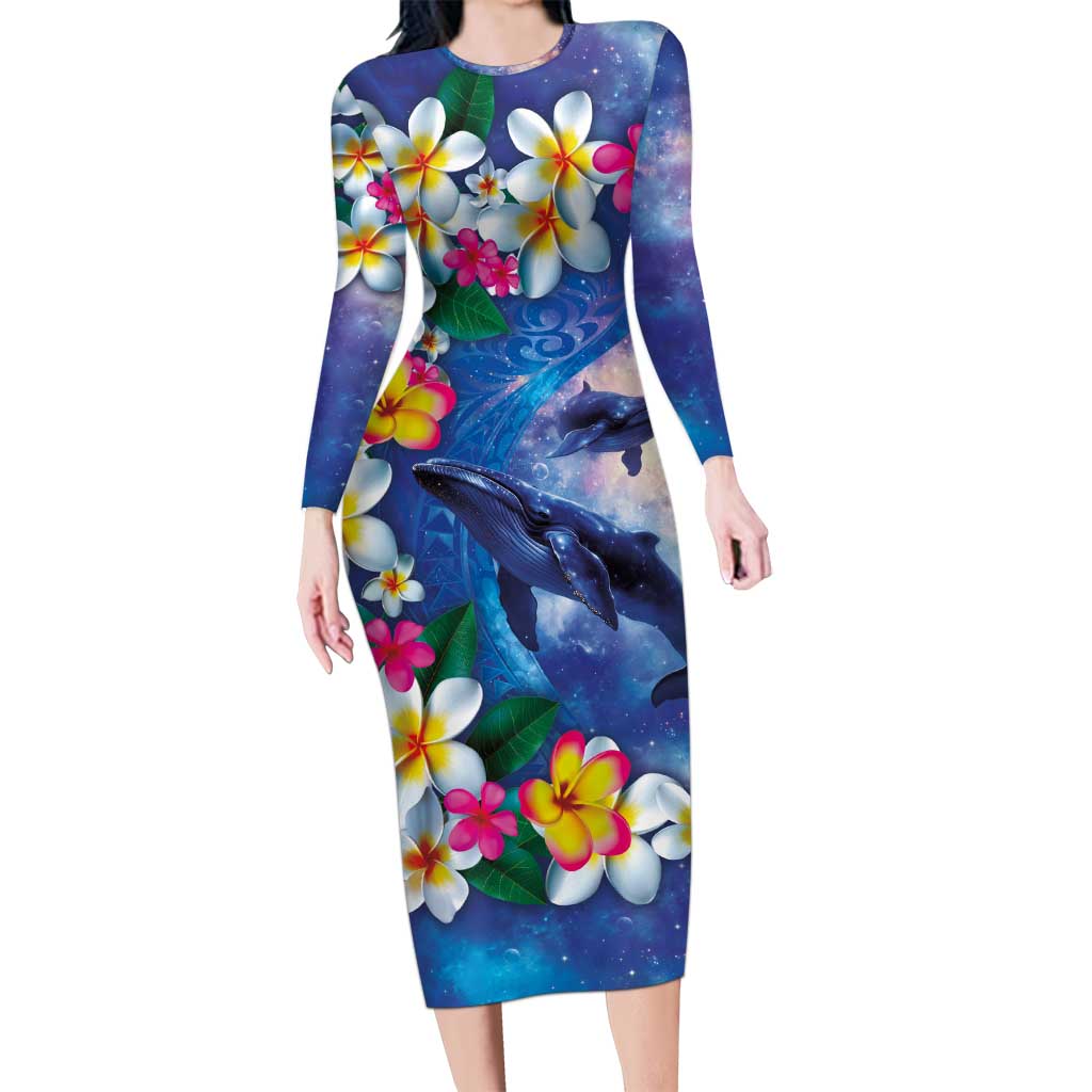 Hawaiian Lei Day Plumeria Humpback Whales Family Matching Long Sleeve Bodycon Dress and Hawaiian Shirt Polynesian Art Vibrant Starry Nebula Style LT03 Mom's Dress Art - Polynesian Pride