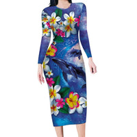 Hawaiian Lei Day Plumeria Humpback Whales Family Matching Long Sleeve Bodycon Dress and Hawaiian Shirt Polynesian Art Vibrant Starry Nebula Style LT03 Mom's Dress Art - Polynesian Pride