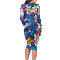 Hawaiian Lei Day Plumeria Humpback Whales Family Matching Long Sleeve Bodycon Dress and Hawaiian Shirt Polynesian Art Vibrant Starry Nebula Style LT03 - Polynesian Pride