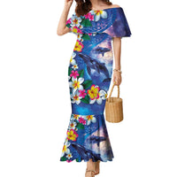 Hawaiian Lei Day Plumeria Humpback Whales Family Matching Mermaid Dress and Hawaiian Shirt Polynesian Art Vibrant Starry Nebula Style LT03 Mom's Dress Art - Polynesian Pride