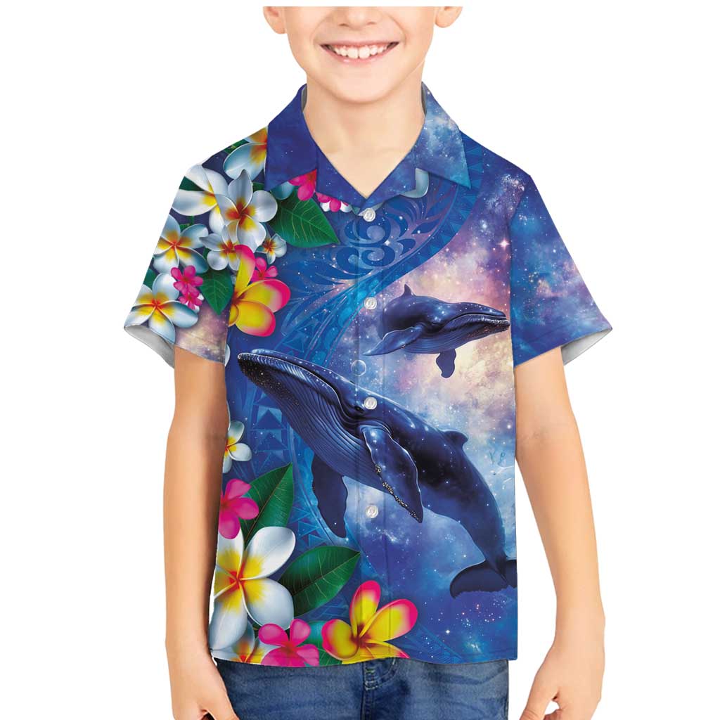 Hawaiian Lei Day Plumeria Humpback Whales Family Matching Mermaid Dress and Hawaiian Shirt Polynesian Art Vibrant Starry Nebula Style LT03 Son's Shirt Art - Polynesian Pride