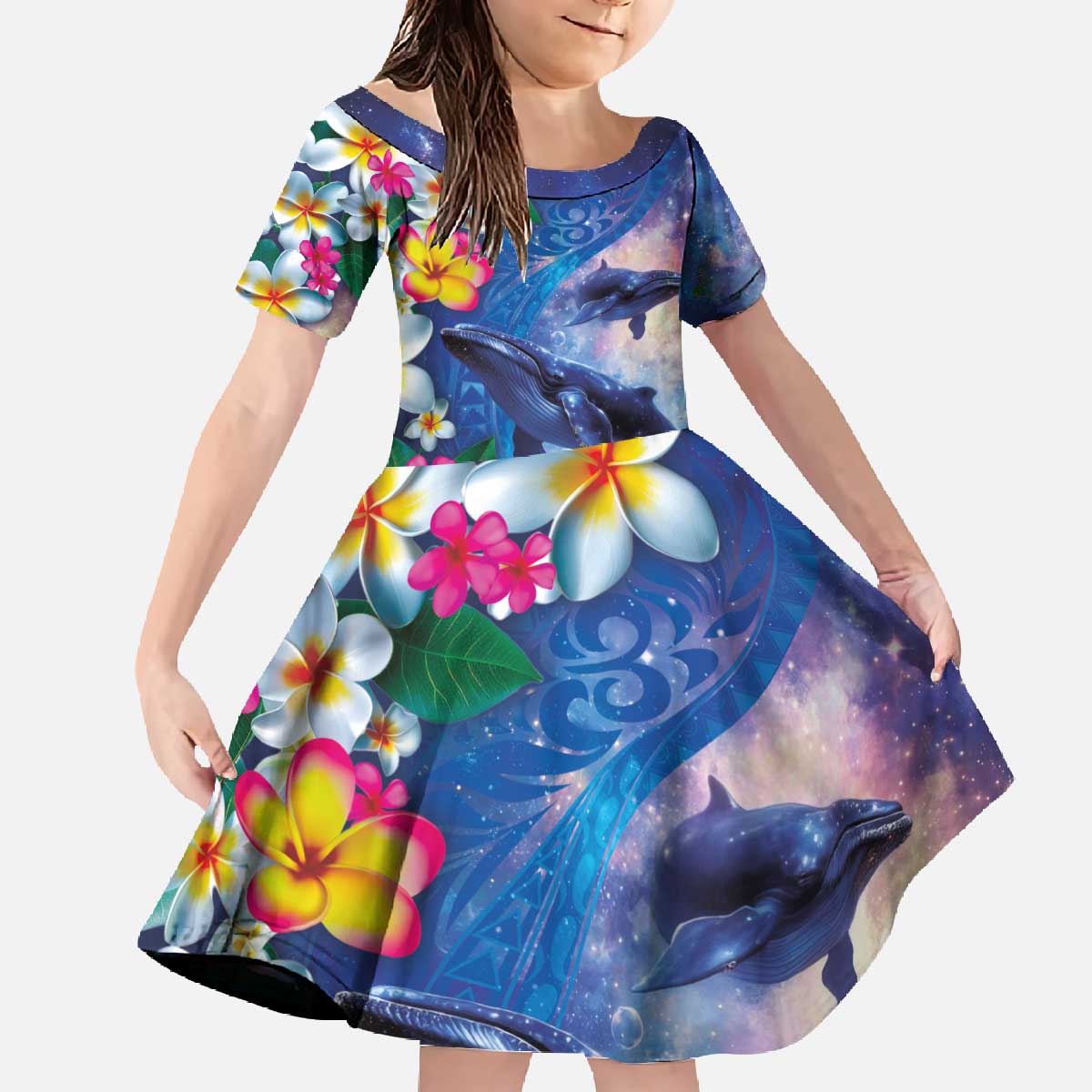 Hawaiian Lei Day Plumeria Humpback Whales Family Matching Off The Shoulder Long Sleeve Dress and Hawaiian Shirt Polynesian Art Vibrant Starry Nebula Style LT03 Daughter's Dress Art - Polynesian Pride
