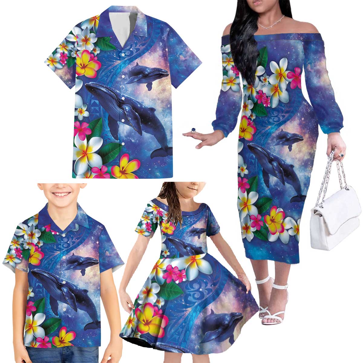 Hawaiian Lei Day Plumeria Humpback Whales Family Matching Off The Shoulder Long Sleeve Dress and Hawaiian Shirt Polynesian Art Vibrant Starry Nebula Style LT03 - Polynesian Pride