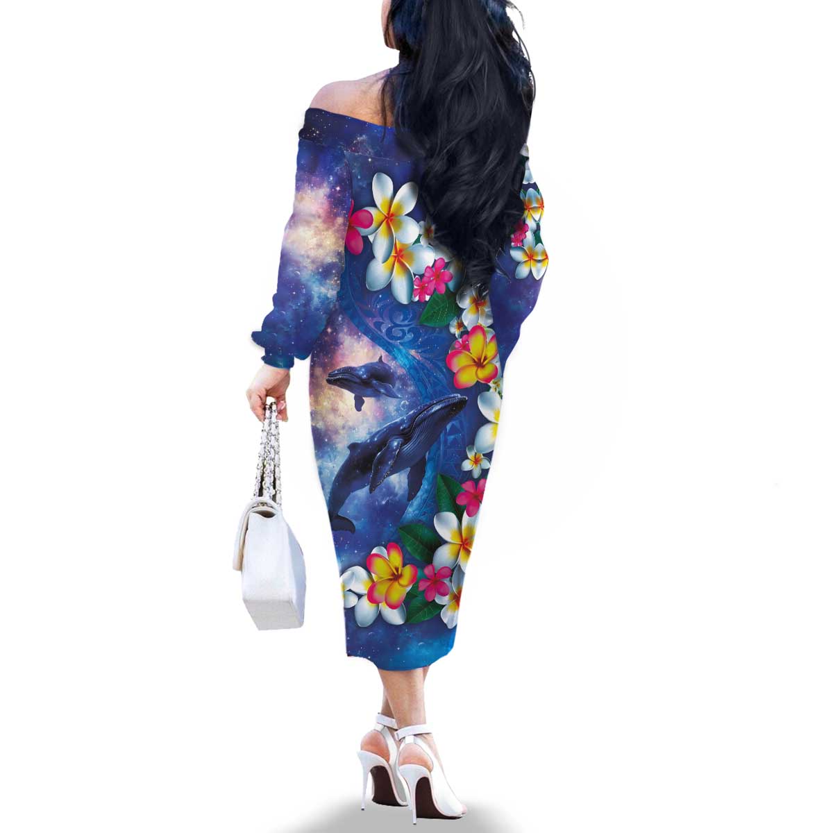 Hawaiian Lei Day Plumeria Humpback Whales Family Matching Off The Shoulder Long Sleeve Dress and Hawaiian Shirt Polynesian Art Vibrant Starry Nebula Style LT03 - Polynesian Pride