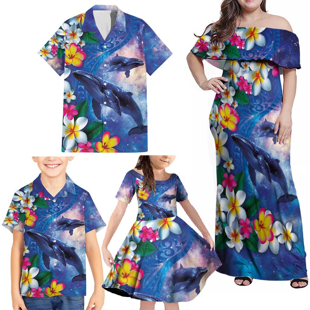 Hawaiian Lei Day Plumeria Humpback Whales Family Matching Off Shoulder Maxi Dress and Hawaiian Shirt Polynesian Art Vibrant Starry Nebula Style LT03 - Polynesian Pride