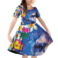 Hawaiian Lei Day Plumeria Humpback Whales Family Matching Off Shoulder Short Dress and Hawaiian Shirt Polynesian Art Vibrant Starry Nebula Style LT03 Daughter's Dress Art - Polynesian Pride
