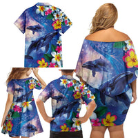 Hawaiian Lei Day Plumeria Humpback Whales Family Matching Off Shoulder Short Dress and Hawaiian Shirt Polynesian Art Vibrant Starry Nebula Style LT03 - Polynesian Pride