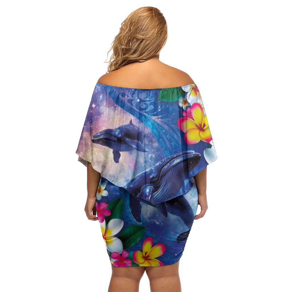 Hawaiian Lei Day Plumeria Humpback Whales Family Matching Off Shoulder Short Dress and Hawaiian Shirt Polynesian Art Vibrant Starry Nebula Style LT03 - Polynesian Pride
