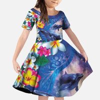Hawaiian Lei Day Plumeria Humpback Whales Family Matching Short Sleeve Bodycon Dress and Hawaiian Shirt Polynesian Art Vibrant Starry Nebula Style LT03 Daughter's Dress Art - Polynesian Pride