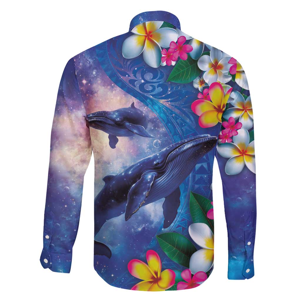 Hawaiian Lei Day Plumeria Humpback Whales Family Matching Short Sleeve Bodycon Dress and Hawaiian Shirt Polynesian Art Vibrant Starry Nebula Style LT03 - Polynesian Pride