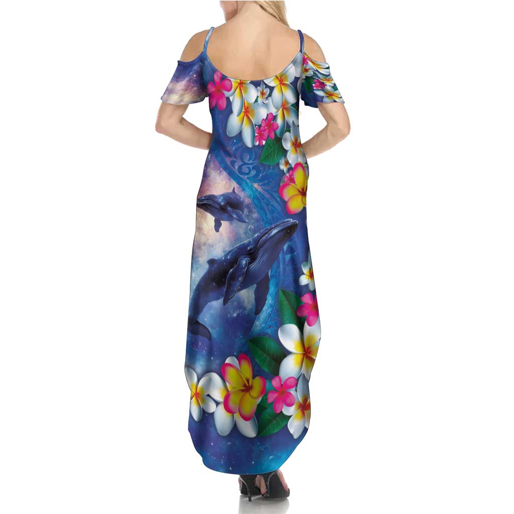 Hawaiian Lei Day Plumeria Humpback Whales Family Matching Summer Maxi Dress and Hawaiian Shirt Polynesian Art Vibrant Starry Nebula Style LT03 - Polynesian Pride