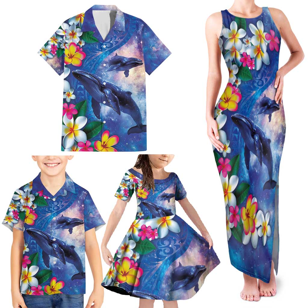 Hawaiian Lei Day Plumeria Humpback Whales Family Matching Tank Maxi Dress and Hawaiian Shirt Polynesian Art Vibrant Starry Nebula Style LT03 - Polynesian Pride