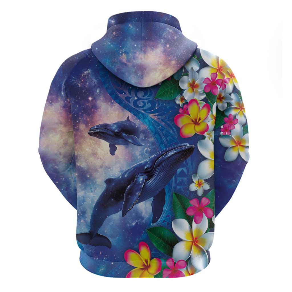 Hawaiian Lei Day Plumeria Humpback Whales Hoodie Polynesian Art Vibrant Starry Nebula Style