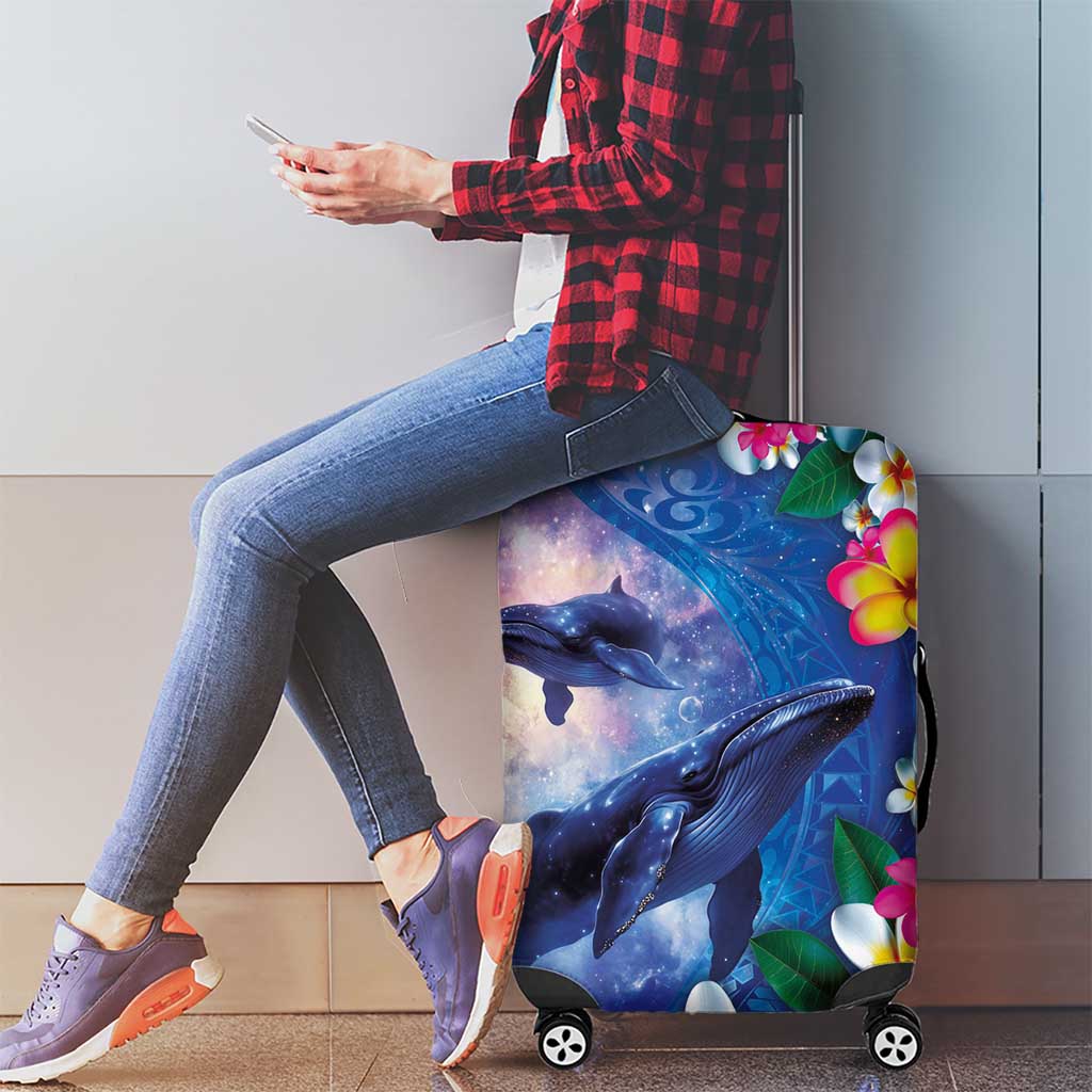 Hawaiian Lei Day Plumeria Humpback Whales Luggage Cover Polynesian Art Vibrant Starry Nebula Style
